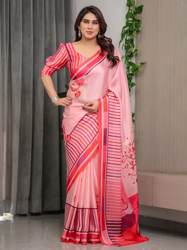 Rose_Pink_Satin_Georgette_Romantic_Printed_Saree_with_Proposal_Silhouette,_Heart_Tree_Pallu_&_Striped_Border_Blouse
