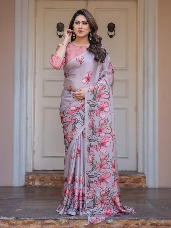 Dusty_Lavender_Satin_Georgette_Floral_Printed_Saree_with_Rose_Pink_Blouse_&_Artistic_Floral_Pallu_|_Soft_Elegant_Party_Wear_Saree