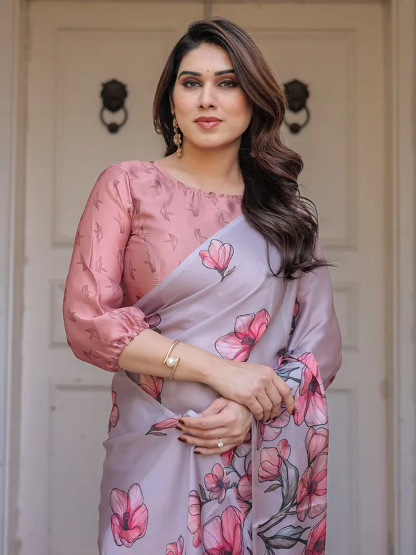 Dusty_Lavender_Satin_Georgette_Floral_Printed_Saree_with_Rose_Pink_Blouse_&_Artistic_Floral_Pallu_|_Soft_Elegant_Party_Wear_Saree