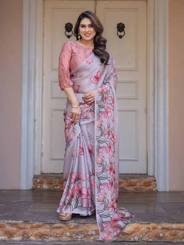 Dusty_Lavender_Satin_Georgette_Floral_Printed_Saree_with_Rose_Pink_Blouse_&_Artistic_Floral_Pallu_|_Soft_Elegant_Party_Wear_Saree