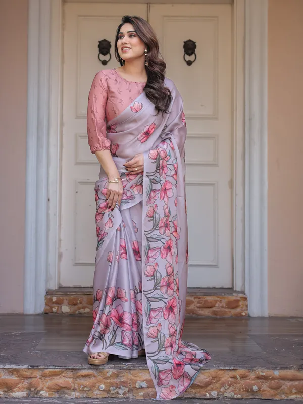 Dusty_Lavender_Satin_Georgette_Floral_Printed_Saree_with_Rose_Pink_Blouse_&_Artistic_Floral_Pallu_|_Soft_Elegant_Party_Wear_Saree