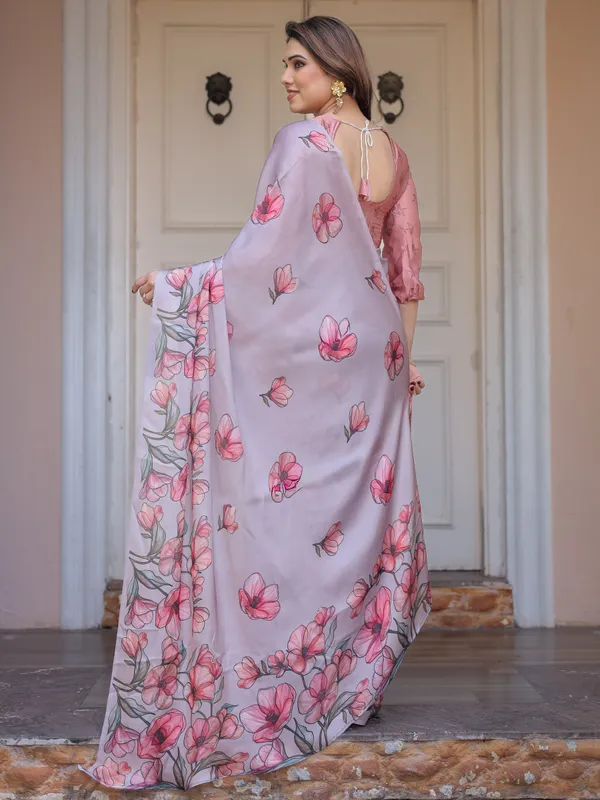 Dusty_Lavender_Satin_Georgette_Floral_Printed_Saree_with_Rose_Pink_Blouse_&_Artistic_Floral_Pallu_|_Soft_Elegant_Party_Wear_Saree