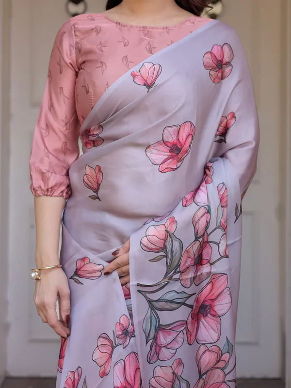 Dusty_Lavender_Satin_Georgette_Floral_Printed_Saree_with_Rose_Pink_Blouse_&_Artistic_Floral_Pallu_|_Soft_Elegant_Party_Wear_Saree