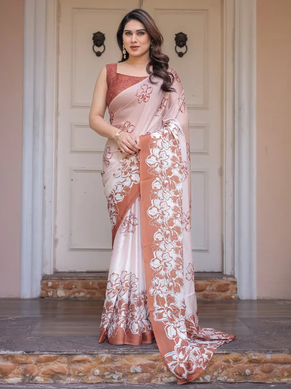 Peach_Blush_Satin_Georgette_Floral_Printed_Saree_with_Rust_Brown_Blouse_&_Statement_Floral_Pallu_|_Soft_Elegant_Party_Wear_Saree