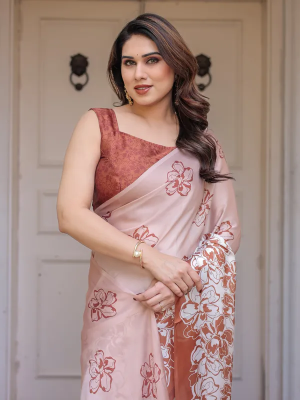 Peach_Blush_Satin_Georgette_Floral_Printed_Saree_with_Rust_Brown_Blouse_&_Statement_Floral_Pallu_|_Soft_Elegant_Party_Wear_Saree
