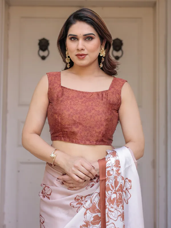 Peach_Blush_Satin_Georgette_Floral_Printed_Saree_with_Rust_Brown_Blouse_&_Statement_Floral_Pallu_|_Soft_Elegant_Party_Wear_Saree