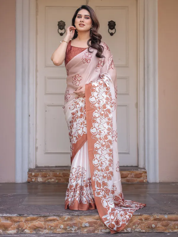 Peach_Blush_Satin_Georgette_Floral_Printed_Saree_with_Rust_Brown_Blouse_&_Statement_Floral_Pallu_|_Soft_Elegant_Party_Wear_Saree