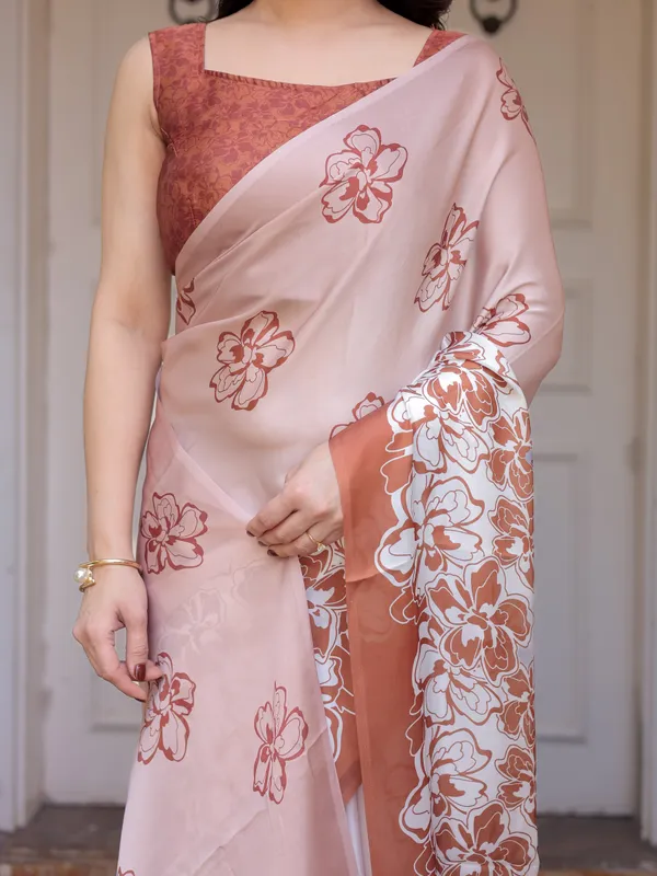Peach_Blush_Satin_Georgette_Floral_Printed_Saree_with_Rust_Brown_Blouse_&_Statement_Floral_Pallu_|_Soft_Elegant_Party_Wear_Saree