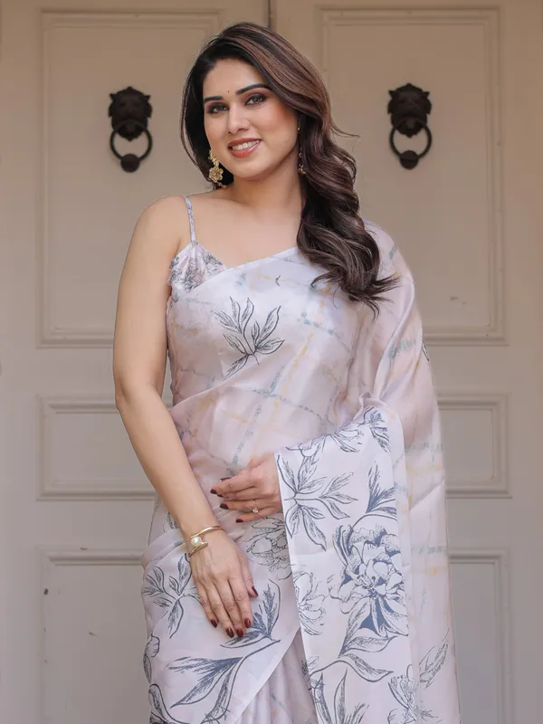 Ivory_White_Satin_Georgette_Botanical_Printed_Saree_with_Soft_Grey_Blouse_&_Artistic_Floral_Pallu_|_Elegant_Minimal_Party_Wear_Saree