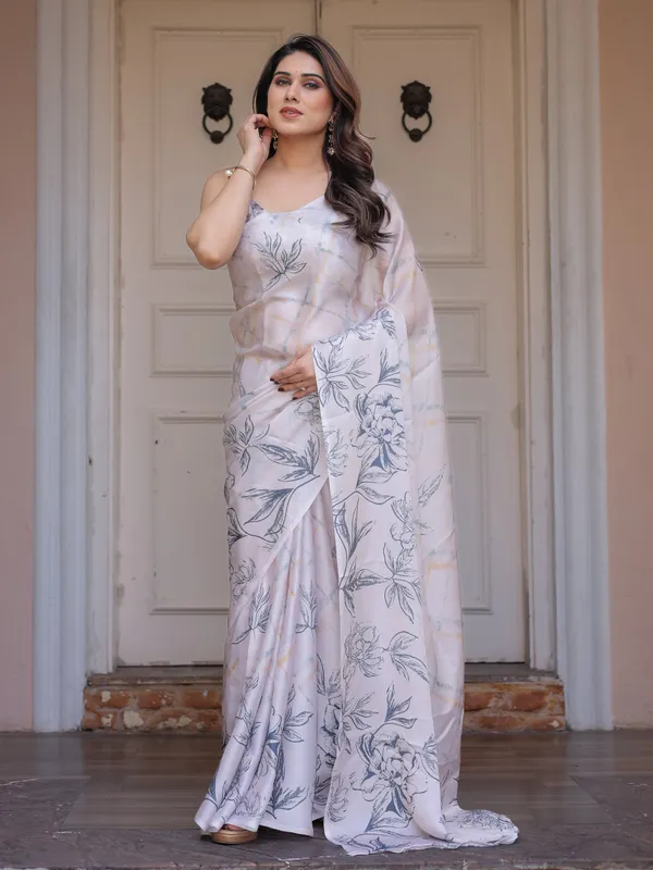 Ivory_White_Satin_Georgette_Botanical_Printed_Saree_with_Soft_Grey_Blouse_&_Artistic_Floral_Pallu_|_Elegant_Minimal_Party_Wear_Saree