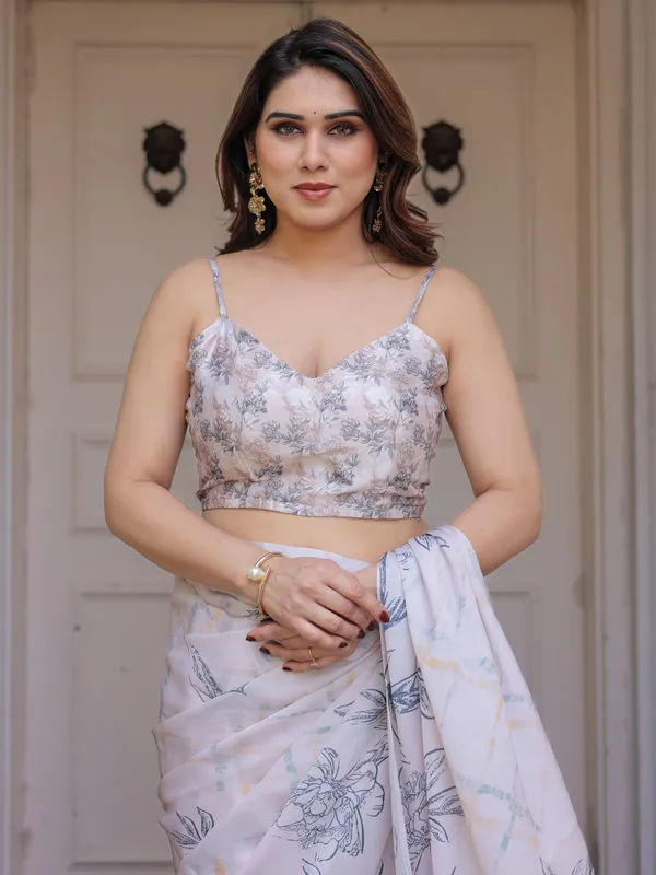 Ivory_White_Satin_Georgette_Botanical_Printed_Saree_with_Soft_Grey_Blouse_&_Artistic_Floral_Pallu_|_Elegant_Minimal_Party_Wear_Saree
