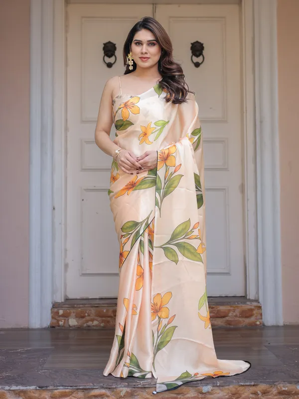 Champagne_Peach_Satin_Georgette_Floral_Printed_Saree_with_Matching_Printed_Blouse_&_Statement_Botanical_Pallu_|_Elegant_Soft_Party_Wear_Saree