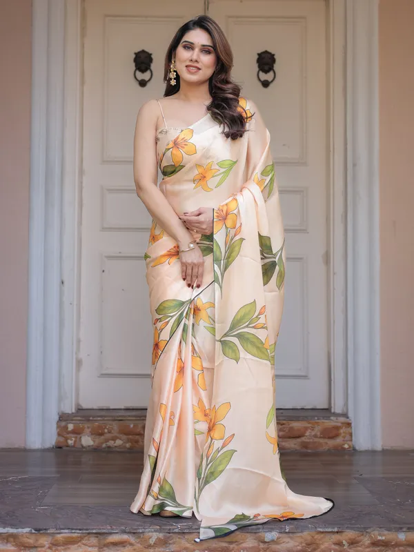 Champagne_Peach_Satin_Georgette_Floral_Printed_Saree_with_Matching_Printed_Blouse_&_Statement_Botanical_Pallu_|_Elegant_Soft_Party_Wear_Saree