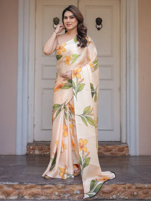 Champagne_Peach_Satin_Georgette_Floral_Printed_Saree_with_Matching_Printed_Blouse_&_Statement_Botanical_Pallu_|_Elegant_Soft_Party_Wear_Saree