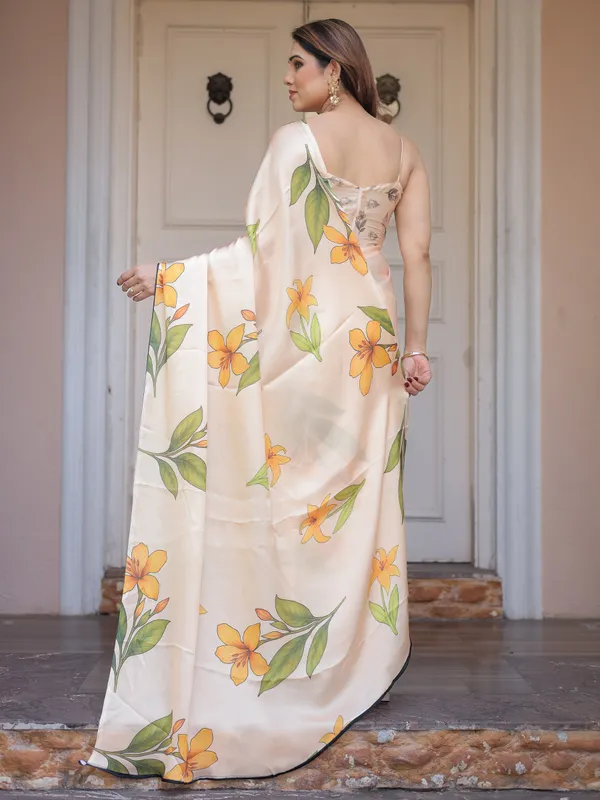 Champagne_Peach_Satin_Georgette_Floral_Printed_Saree_with_Matching_Printed_Blouse_&_Statement_Botanical_Pallu_|_Elegant_Soft_Party_Wear_Saree