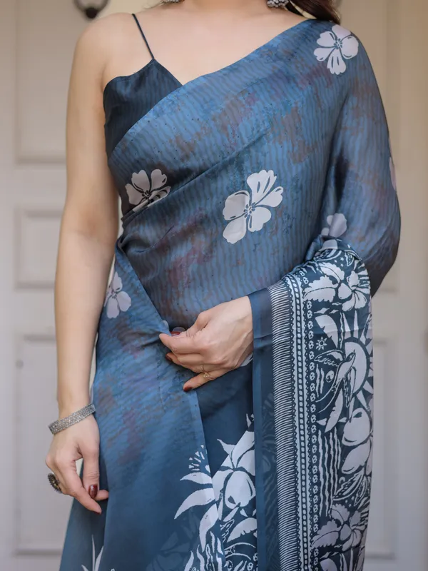 Steel_Blue_Floral_Printed_Satin_Georgette_Saree_with_Matching_Blouse_–_Elegant_Party_&_Evening_Wear