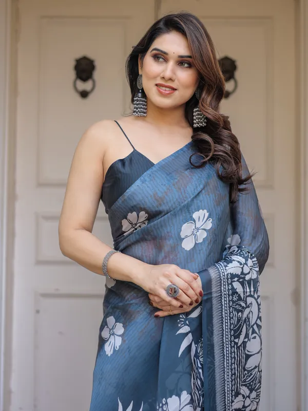 Steel_Blue_Floral_Printed_Satin_Georgette_Saree_with_Matching_Blouse_–_Elegant_Party_&_Evening_Wear