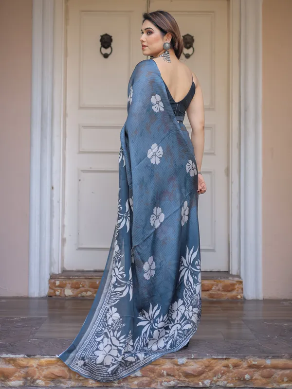 Steel_Blue_Floral_Printed_Satin_Georgette_Saree_with_Matching_Blouse_–_Elegant_Party_&_Evening_Wear