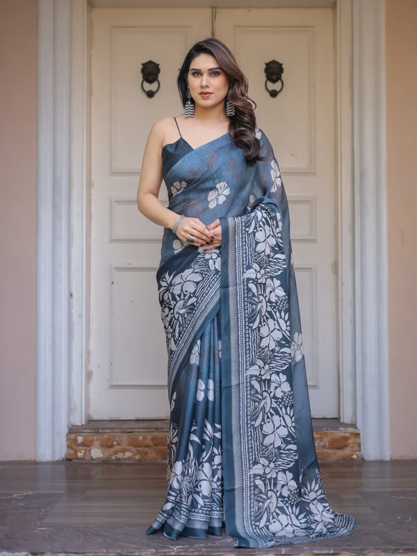 Steel_Blue_Floral_Printed_Satin_Georgette_Saree_with_Matching_Blouse_–_Elegant_Party_&_Evening_Wear