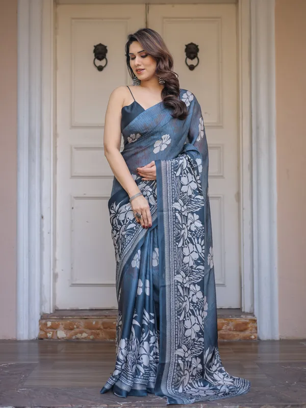 Steel_Blue_Floral_Printed_Satin_Georgette_Saree_with_Matching_Blouse_–_Elegant_Party_&_Evening_Wear