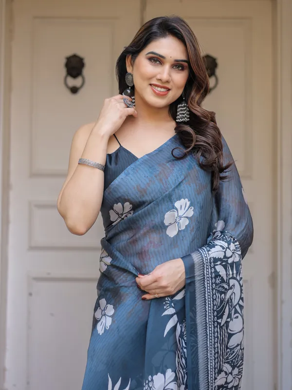 Steel_Blue_Floral_Printed_Satin_Georgette_Saree_with_Matching_Blouse_–_Elegant_Party_&_Evening_Wear