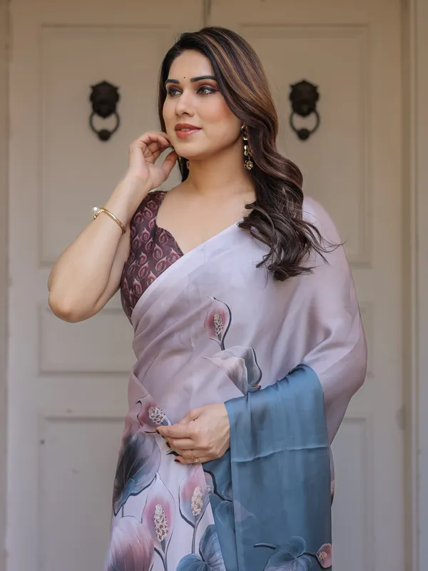 Pastel_Grey_&_Teal_Floral_Printed_Satin_Georgette_Saree_with_Designer_Pallu_&_Blouse_–_Elegant_Party_&_Occasion_Wear