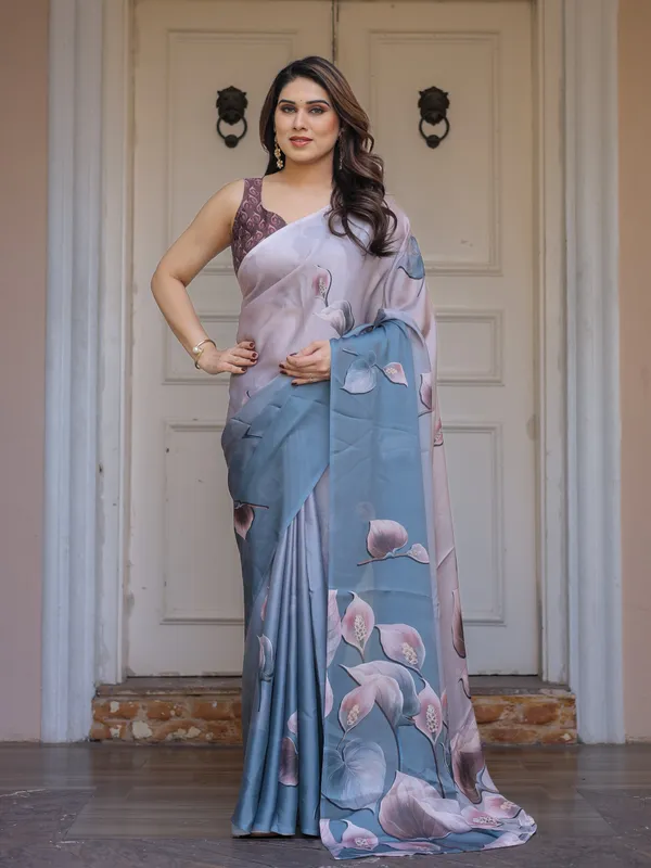 Pastel_Grey_&_Teal_Floral_Printed_Satin_Georgette_Saree_with_Designer_Pallu_&_Blouse_–_Elegant_Party_&_Occasion_Wear