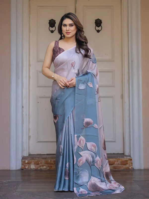 Pastel_Grey_&_Teal_Floral_Printed_Satin_Georgette_Saree_with_Designer_Pallu_&_Blouse_–_Elegant_Party_&_Occasion_Wear