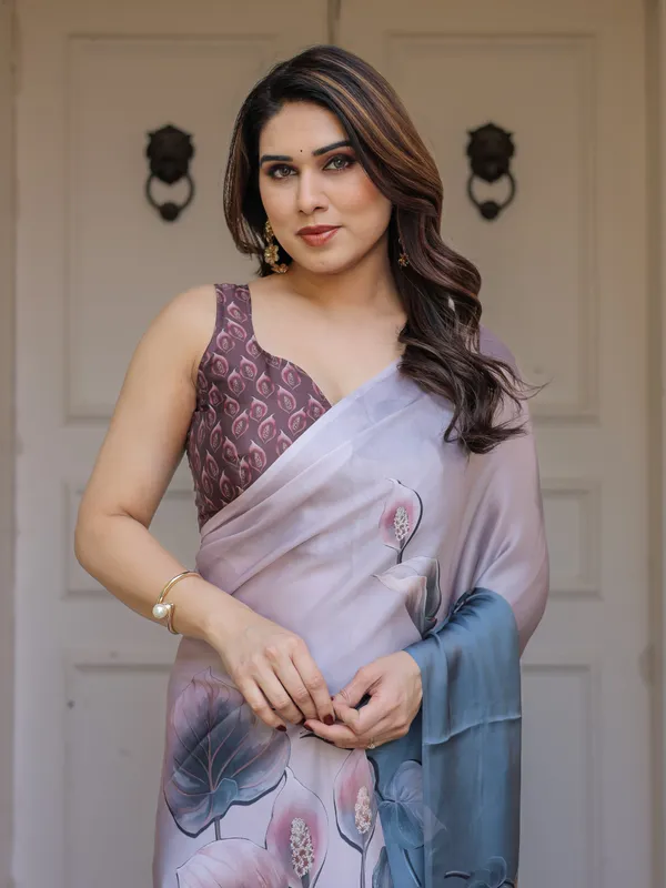 Pastel_Grey_&_Teal_Floral_Printed_Satin_Georgette_Saree_with_Designer_Pallu_&_Blouse_–_Elegant_Party_&_Occasion_Wear