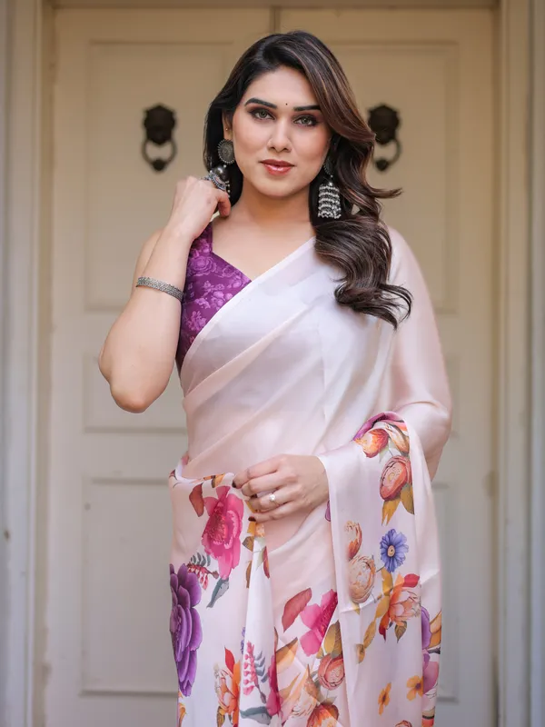 Ivory_Multi-Floral_Printed_Satin_Georgette_Saree_with_Contrast_Purple_Blouse_–_Elegant_Festive_&_Party_Wear
