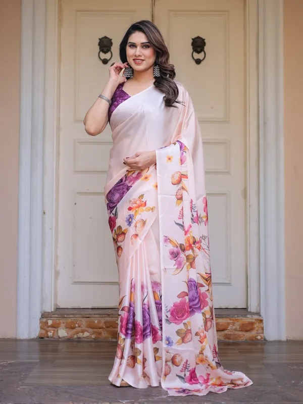 Ivory_Multi-Floral_Printed_Satin_Georgette_Saree_with_Contrast_Purple_Blouse_–_Elegant_Festive_&_Party_Wear