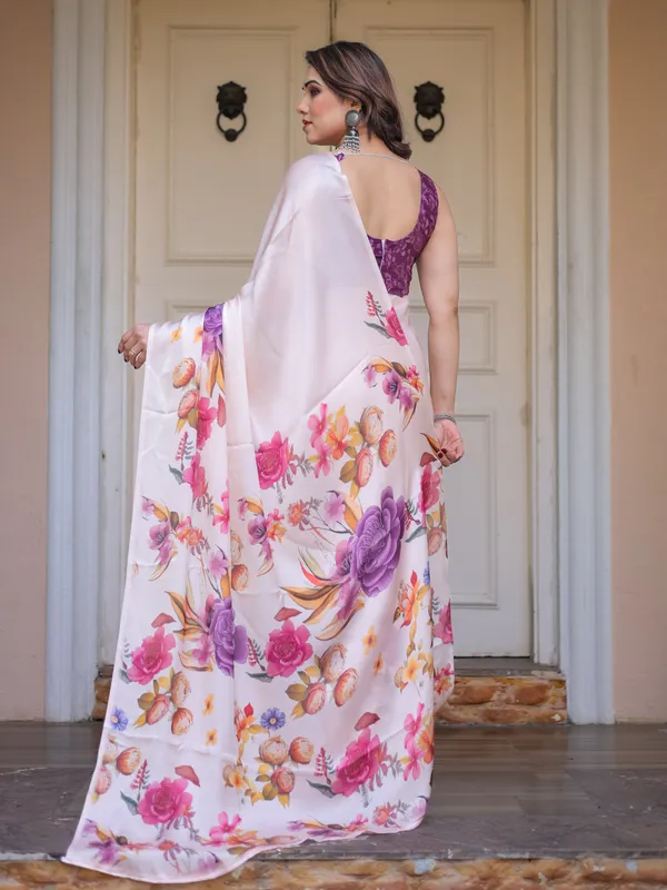 Ivory_Multi-Floral_Printed_Satin_Georgette_Saree_with_Contrast_Purple_Blouse_–_Elegant_Festive_&_Party_Wear