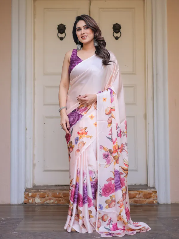 Ivory_Multi-Floral_Printed_Satin_Georgette_Saree_with_Contrast_Purple_Blouse_–_Elegant_Festive_&_Party_Wear