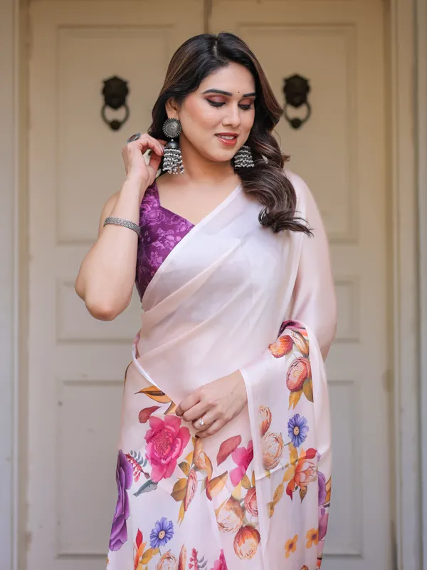 Ivory_Multi-Floral_Printed_Satin_Georgette_Saree_with_Contrast_Purple_Blouse_–_Elegant_Festive_&_Party_Wear
