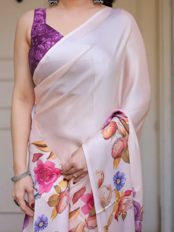 Ivory_Multi-Floral_Printed_Satin_Georgette_Saree_with_Contrast_Purple_Blouse_–_Elegant_Festive_&_Party_Wear