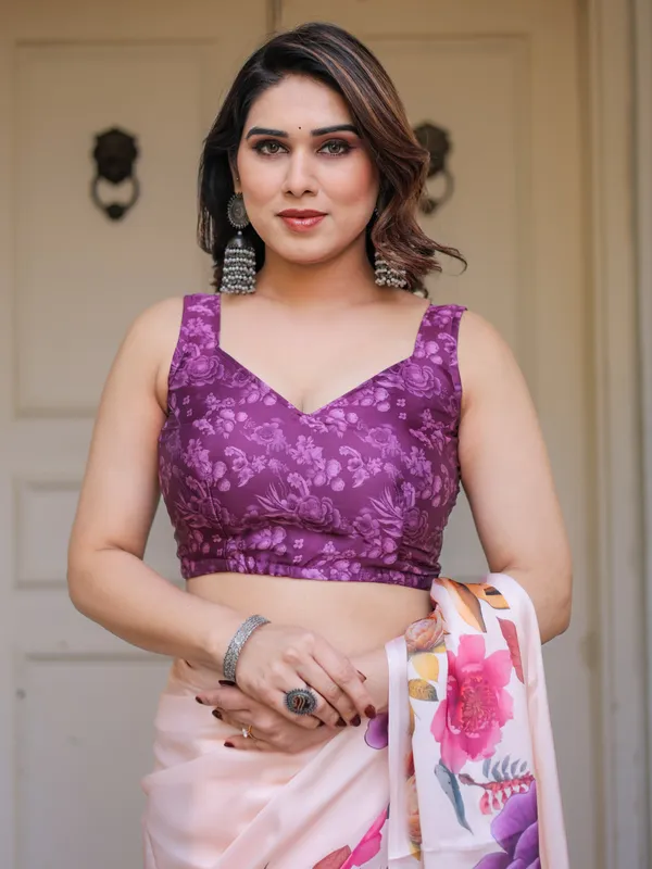 Ivory_Multi-Floral_Printed_Satin_Georgette_Saree_with_Contrast_Purple_Blouse_–_Elegant_Festive_&_Party_Wear
