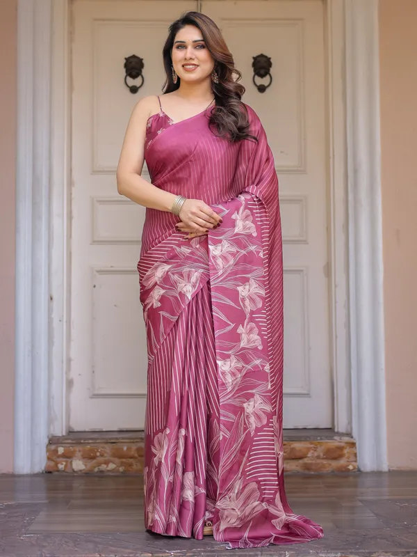 Rose_Pink_Linear_Floral_Printed_Satin_Georgette_Saree_with_Matching_Blouse_–_Graceful_Day_&_Festive_Wear