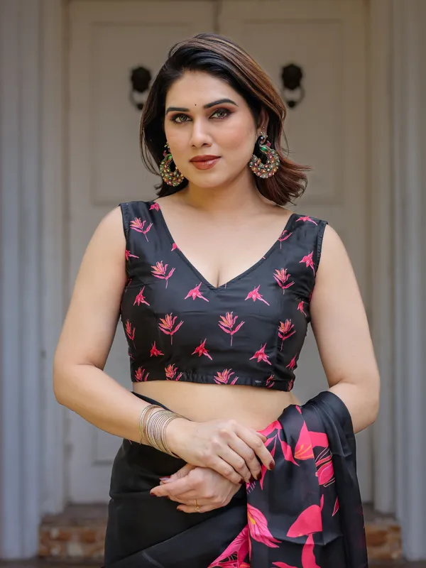 Black_&_Hot_Pink_Floral_Printed_Satin_Georgette_Saree_with_Matching_Blouse_–_Statement_Party_&_Evening_Wear