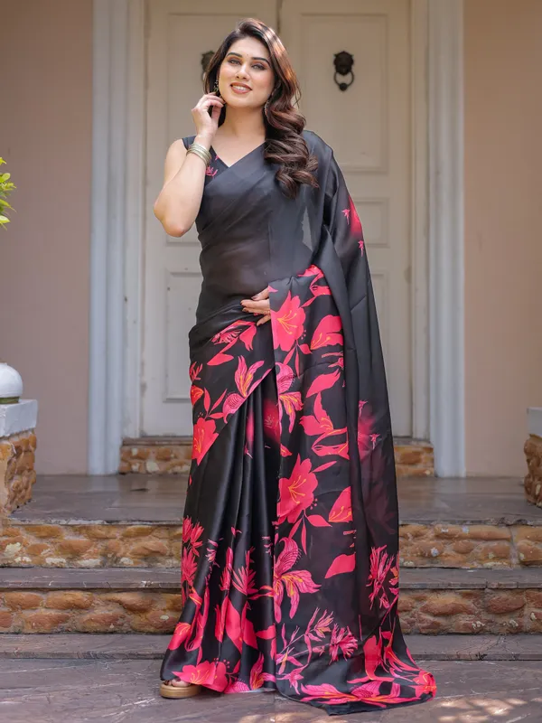 Black_&_Hot_Pink_Floral_Printed_Satin_Georgette_Saree_with_Matching_Blouse_–_Statement_Party_&_Evening_Wear