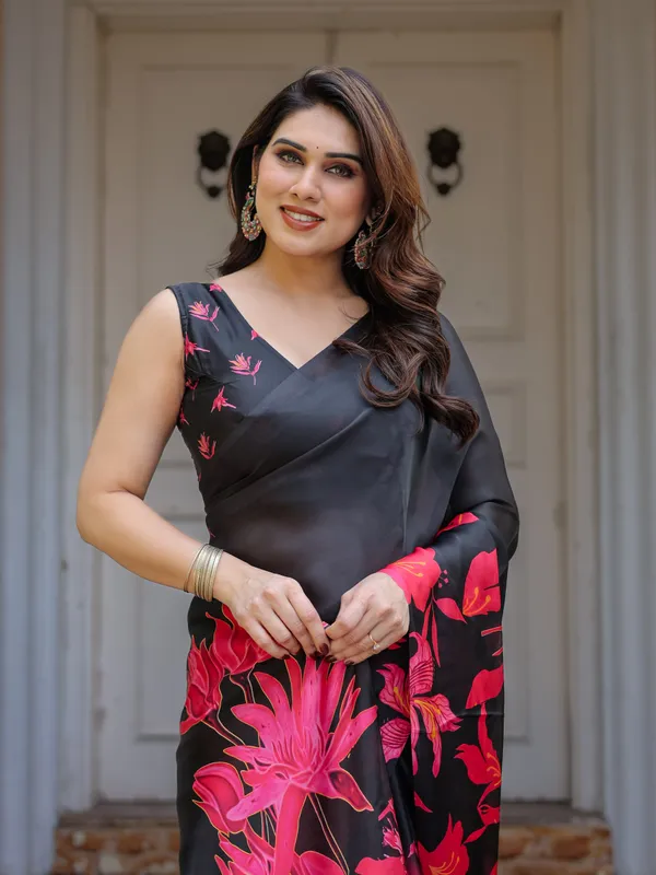 Black_&_Hot_Pink_Floral_Printed_Satin_Georgette_Saree_with_Matching_Blouse_–_Statement_Party_&_Evening_Wear