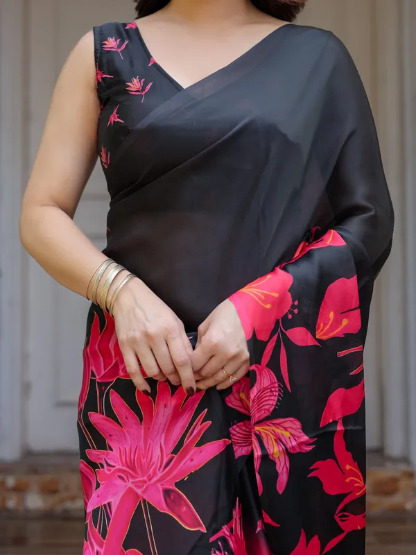 Black_&_Hot_Pink_Floral_Printed_Satin_Georgette_Saree_with_Matching_Blouse_–_Statement_Party_&_Evening_Wear