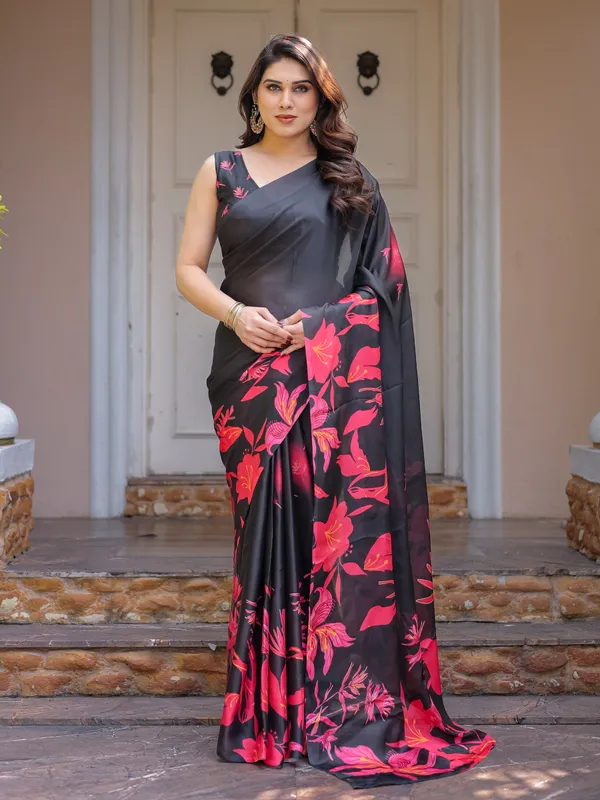 Black_&_Hot_Pink_Floral_Printed_Satin_Georgette_Saree_with_Matching_Blouse_–_Statement_Party_&_Evening_Wear