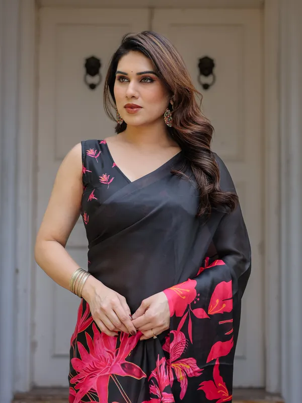 Black_&_Hot_Pink_Floral_Printed_Satin_Georgette_Saree_with_Matching_Blouse_–_Statement_Party_&_Evening_Wear