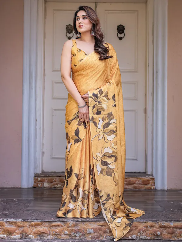 Mustard_Gold_Floral_Printed_Satin_Georgette_Saree_with_Matching_Blouse_–_Elegant_Festive_&_Party_Wear