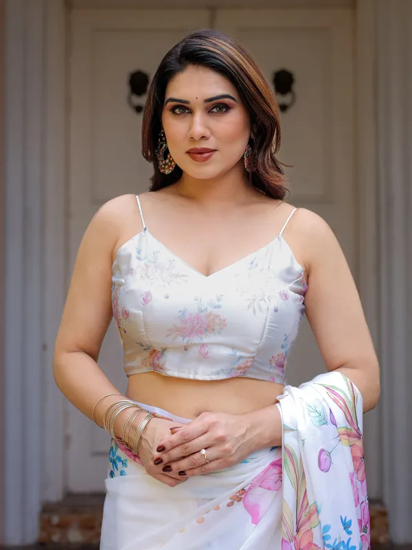 White_Pastel_Floral_Printed_Satin_Georgette_Saree_with_Matching_Blouse_–_Soft_Elegant_Party_&_Day_Wear