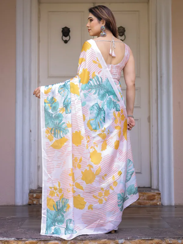 White_Tropical_Leaf_Printed_Satin_Georgette_Saree_with_Matching_Blouse_–_Fresh_Summer_Party_&_Day_Wear