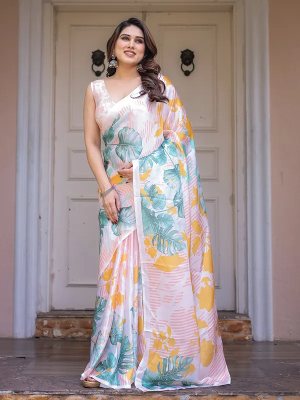 White_Tropical_Leaf_Printed_Satin_Georgette_Saree_with_Matching_Blouse_–_Fresh_Summer_Party_&_Day_Wear