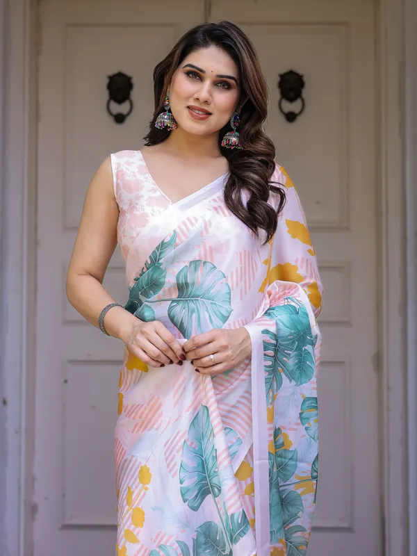 White_Tropical_Leaf_Printed_Satin_Georgette_Saree_with_Matching_Blouse_–_Fresh_Summer_Party_&_Day_Wear