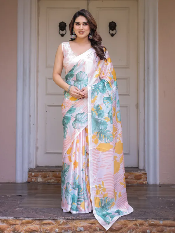 White_Tropical_Leaf_Printed_Satin_Georgette_Saree_with_Matching_Blouse_–_Fresh_Summer_Party_&_Day_Wear