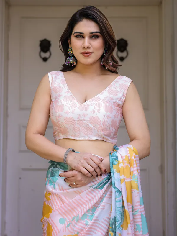 White_Tropical_Leaf_Printed_Satin_Georgette_Saree_with_Matching_Blouse_–_Fresh_Summer_Party_&_Day_Wear